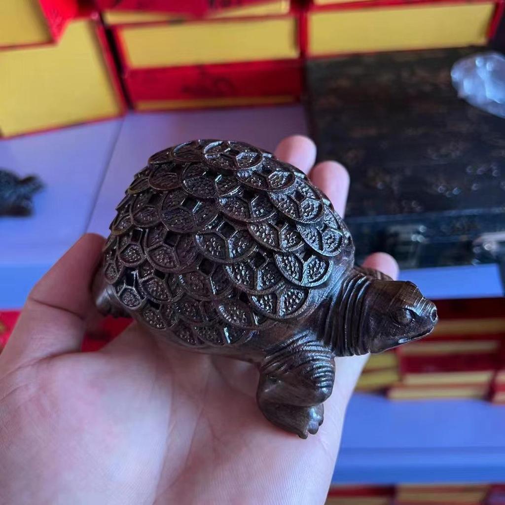 Ebony Money Turtle Wooden Figurine - Handcrafted Home & Office Decor Ornament