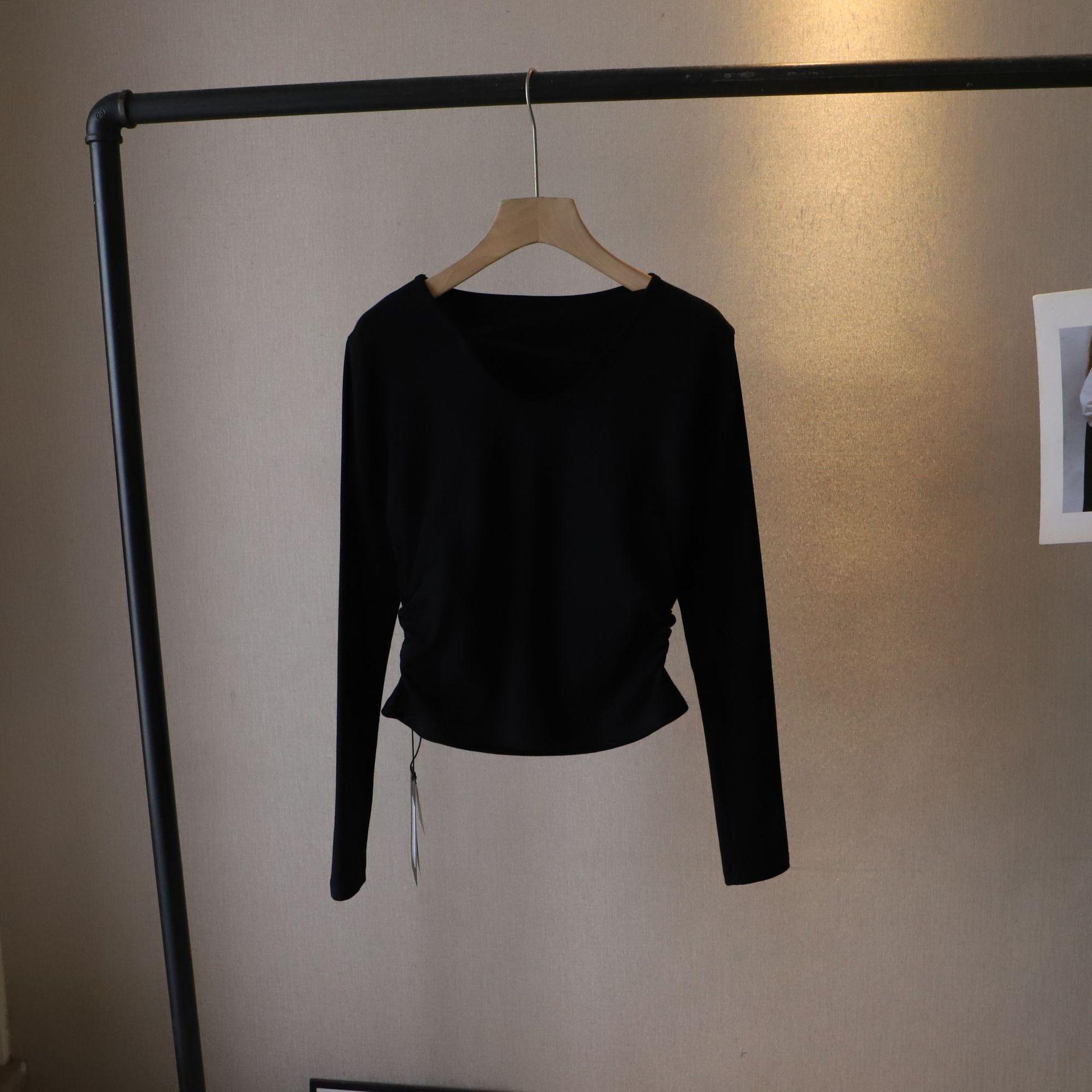 

[Bi Zheng] 2025 Spring Korean Style Pleated Waist Slimming Long Sleeve Women s T-shirt One Size чорний