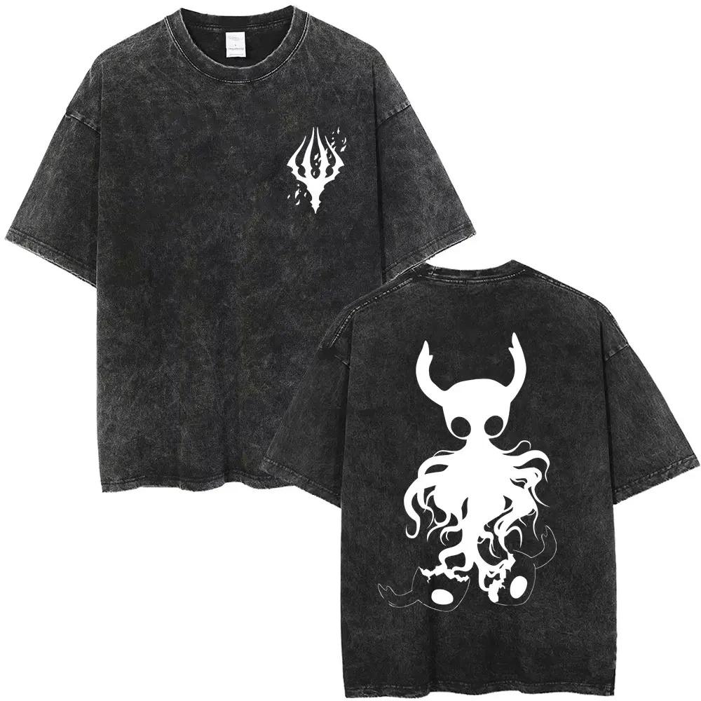 Magliette Hollow Knight Stampa Vintage Lavata Magliette Regali per Fan Uomo Donna Top Moda Casual Manica Corta Oversize