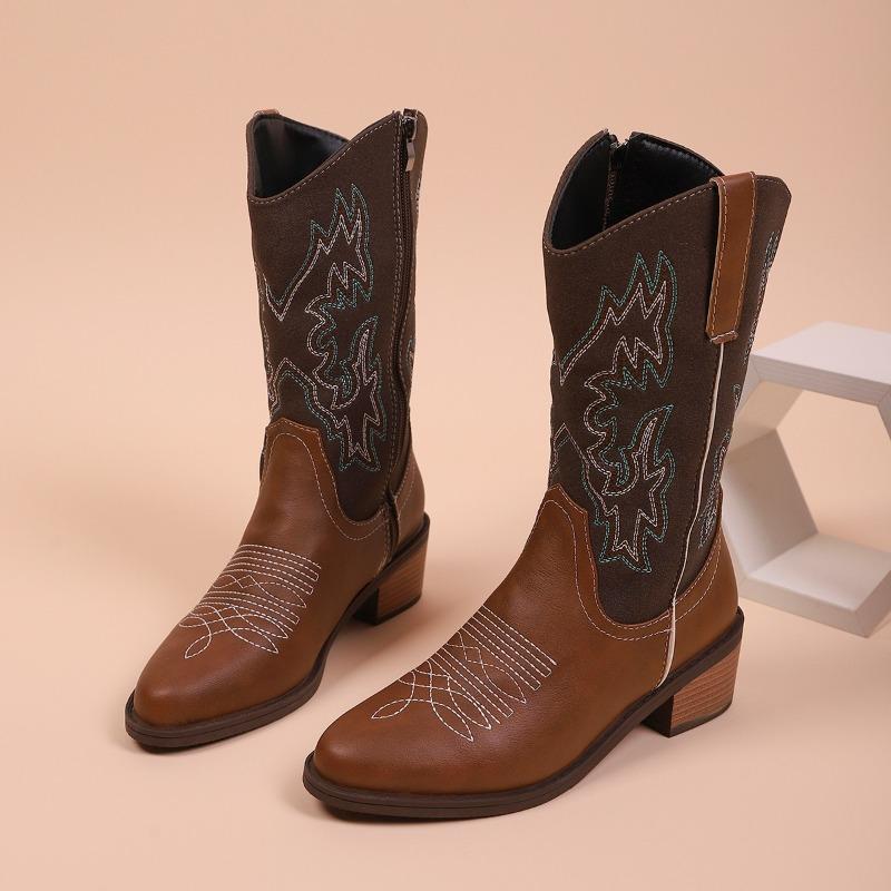 Autumn foreign trade large size retro style thick heel high boots women's cross-border embroidery color matching temperament side zipper knight boots