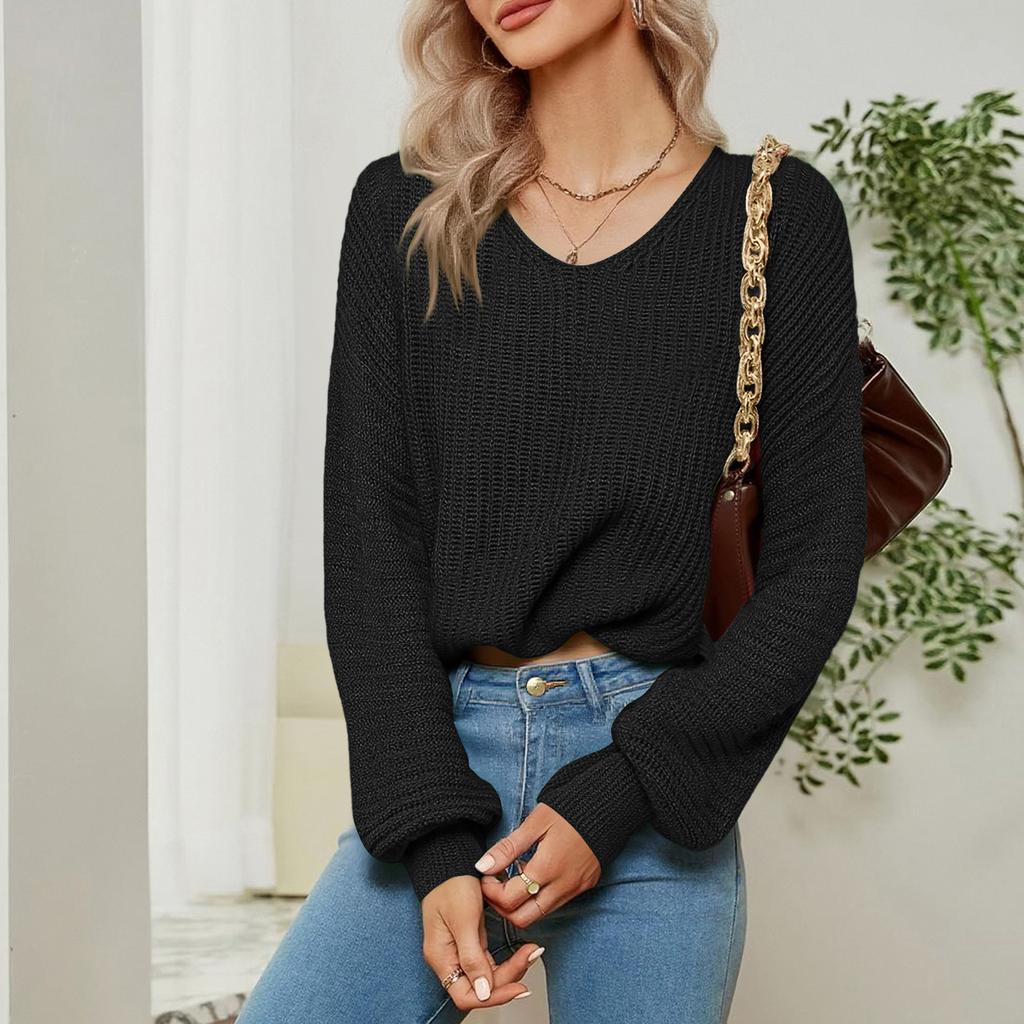 Women's Lazy Style Loose Short V-neck Lntern Long-sleeved Pullover Sweater