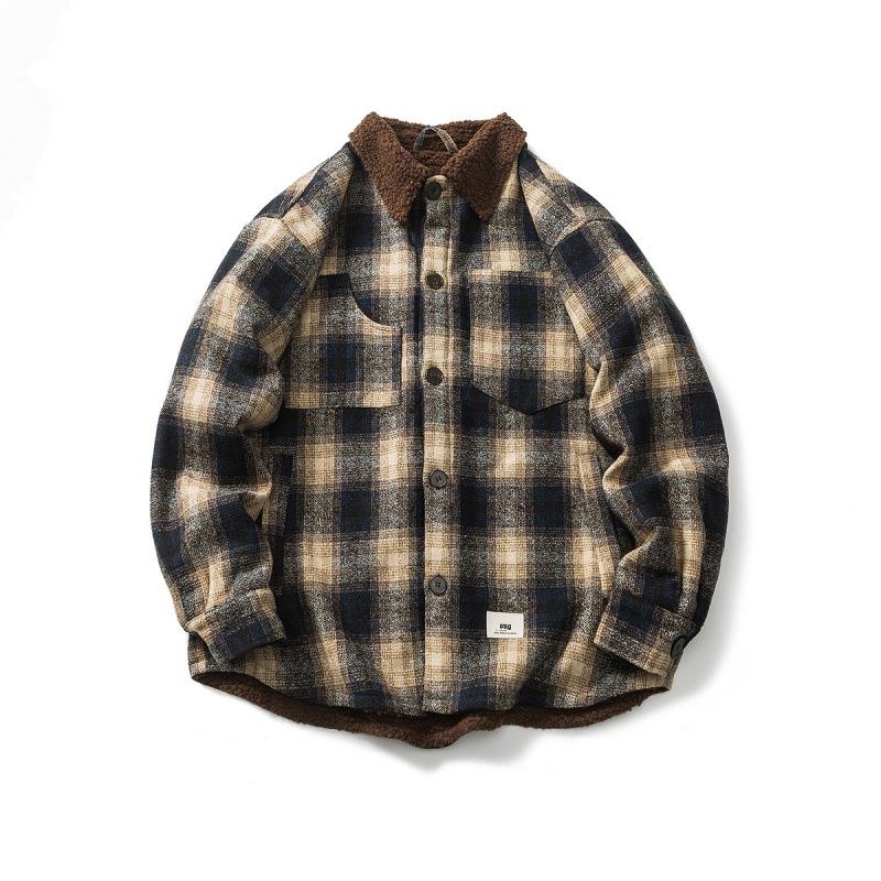 Giacca Camicia a Maniche Lunghe Plaid in Flanella di Agnello Unisex Autunno-Inverno - Fresca Vestibilità Larga Giapponese