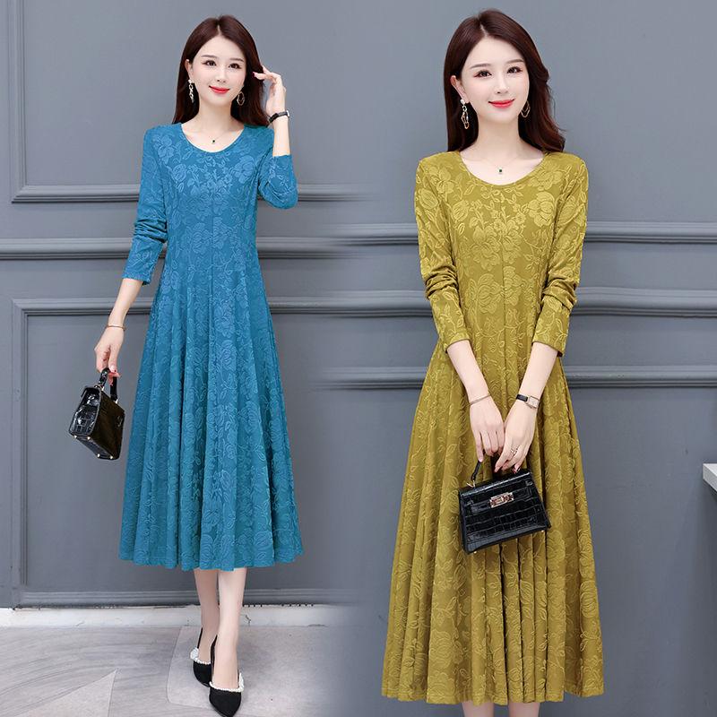 Abito Maxi Lussuoso Jacquard Floreale Girocollo Maniche Lunghe per Madri Elegante Abito da Ballo