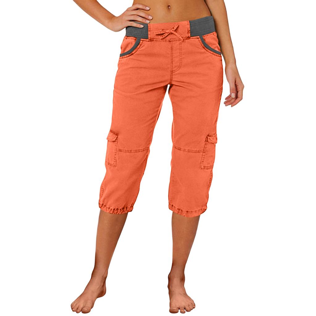 Women Capri Cargo Pants Drawstring Waist Relaxed Fit Lightweight Casual Cropped Trousers with Multiple Pockets
