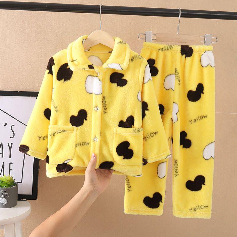 

Детские пижамы на осень и зиму для мальчиков и мальчиков, утепленный коралловый флис с длинными рукавами, костюм домашней одежды для маленьких девочек 150-160cm жёлтый