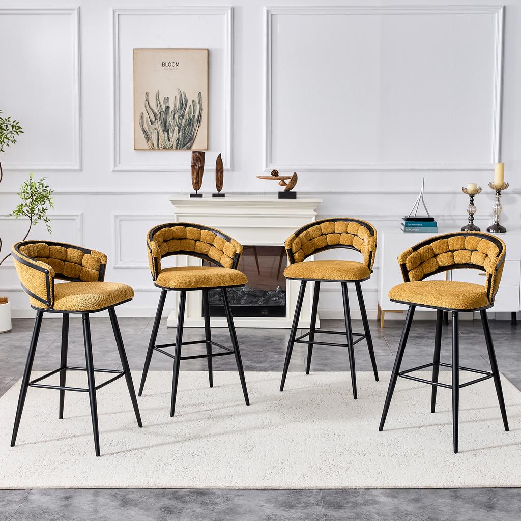 Set aus 2 gelben Samt-Vorhangstühlen mit schwarzen Eisenbeinen, moderne Barhocker für den Heimbereich der Hausbar