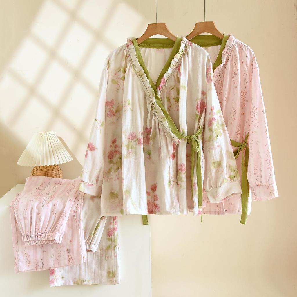 Damen Kimono Pyjama Set aus reiner Baumwolle – Langarm & Hose für Frühling/Herbst, für drinnen/draußen