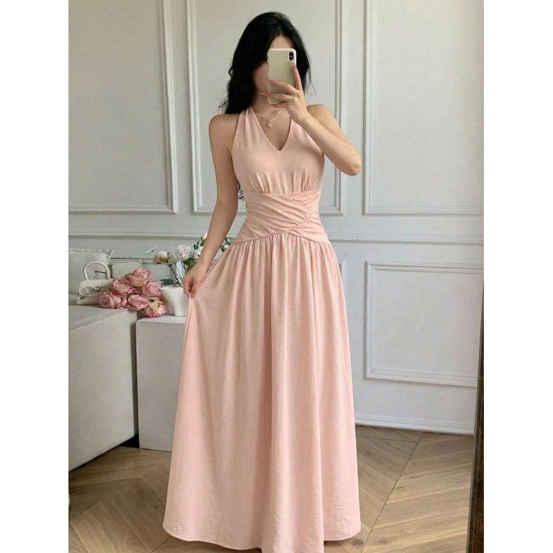 European summer texture design cross kink waist neck V neck sleeveless long dress S