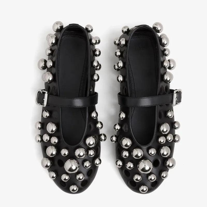 Fashion Luxury Black Pearl Round Head Buckle Ballet Sandals Summer Autumn Metal Hollow Commuting Casual Mary Jane Single Shoe Size 45