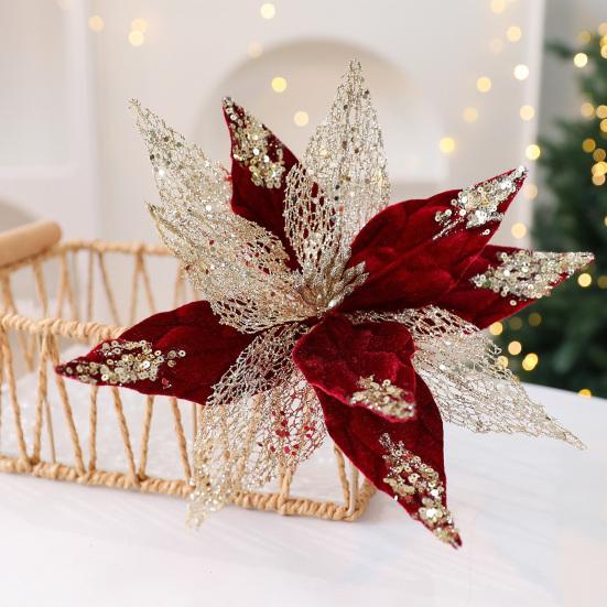 Fleurs de Poinsettia en Tissu à Paillettes de Noël 11 Pouces Grandes Artificielles à Paillettes Ornements d'Arbre de Noël pour Mariage Fête de Fin d'Année