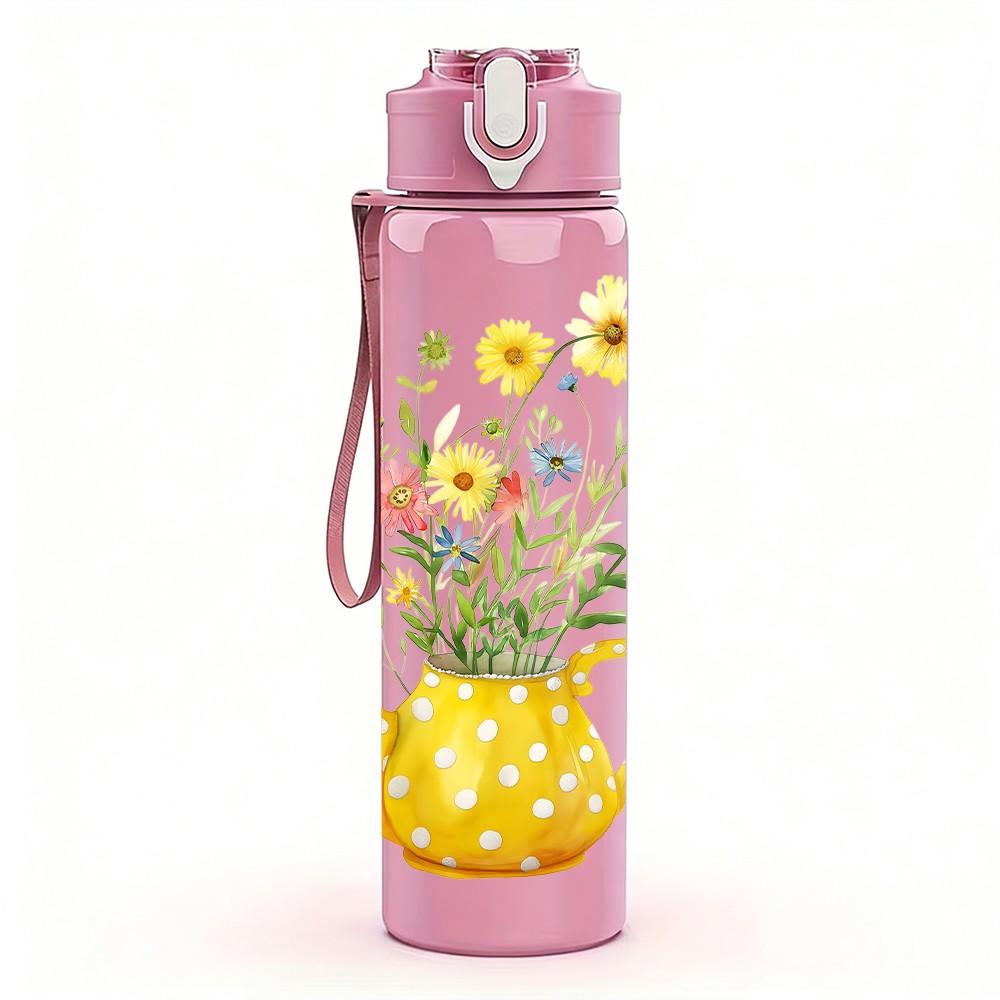 1PC Watering Can Floral Vintage Pattern 750ml Color Plastic Sports Water Bottle Leakproof Flip Straw Lid Suitable for Sports Office Home Use