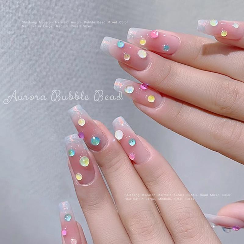 Colorful Mermaid Bubble Bead Half Round Flat Bottom Shiny Aurora Size Mixed Candy Color Nail Art Accessories Decoration Manicure