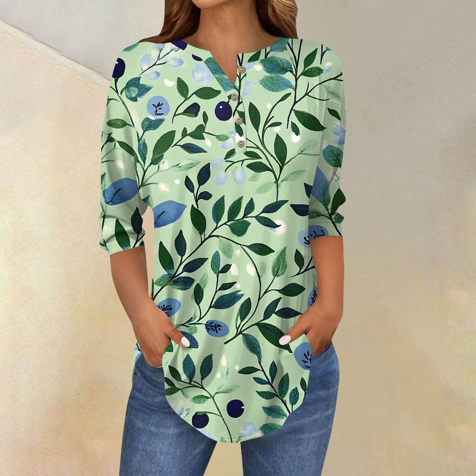 Women s Loose Button Collar Three-quarter Sleeve T-shirt Pullover Top L