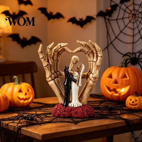 Halloween Skeleton Decoration Piece Couple And Hand Ornament, with Rose Base, Durable Hands Heart Ornament Resin Gothic Skull Wedding Decor, for Home
