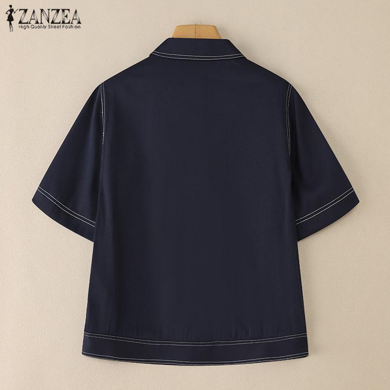 ZANZEA Women Casual Turn Down Collar Summer Short Sleeve Blouse