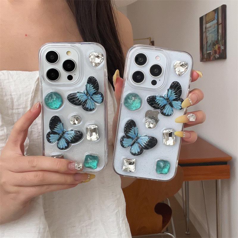 Gem Rhinestone Fine Glitter Mobile Phone Case For Apple 17 Butterfly Iphone16Promax Transparent 14 Anti-Drop 15