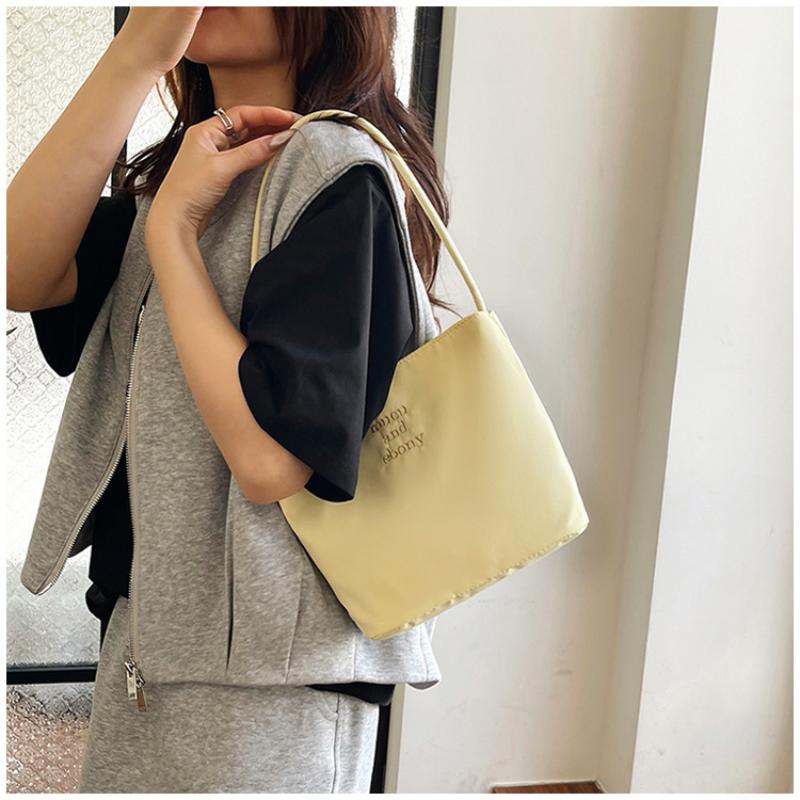 Korean Style Letter Underarm Bag Tote Bag Handbag Embroidery Shoulder Bag Pure Color Large Capacity Nylon Bucket Bag Women 1Pc