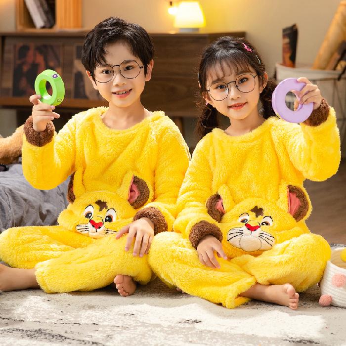 Pijamale drăguțe pentru copii din flanel de iarnă - lână groasă de coral, îmbrăcăminte de casă de pluș pentru băieți și fete, dimensiuni mici până la mari