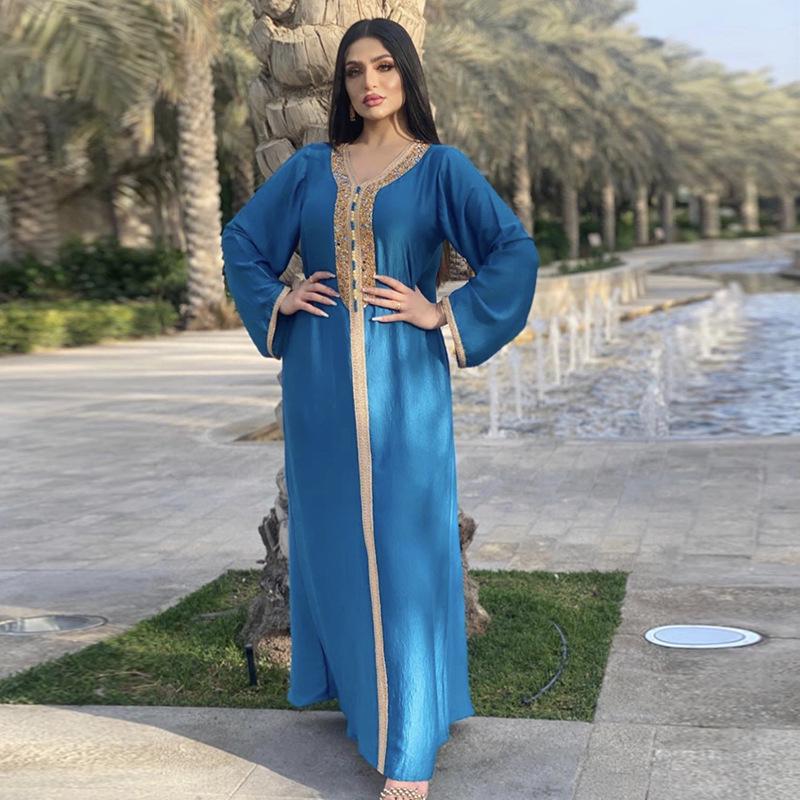 AB073 Women's Lace Abaya with Ribbon & Hot Drill Detail - Middle Eastern Fashion Robe