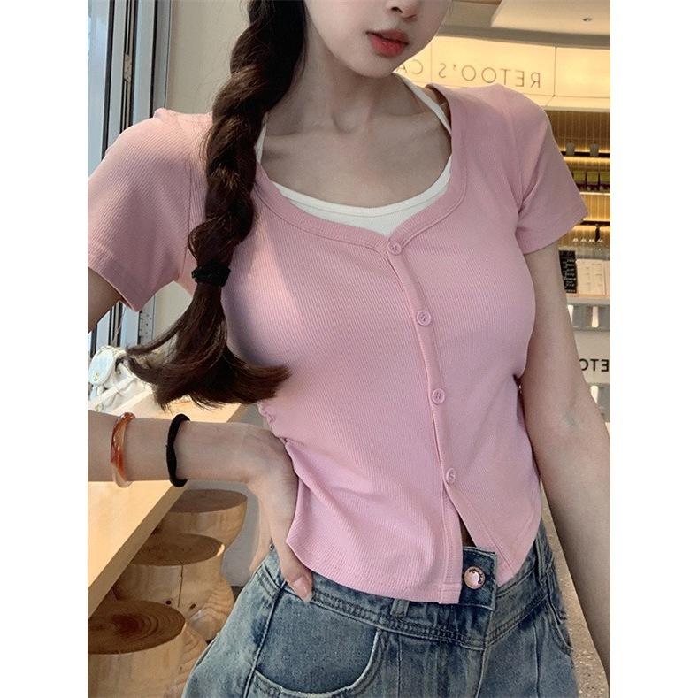 Women's V Neck Short Sleeve Fake Two Piece Top Slim Fit Sweet Style Crop Blouse