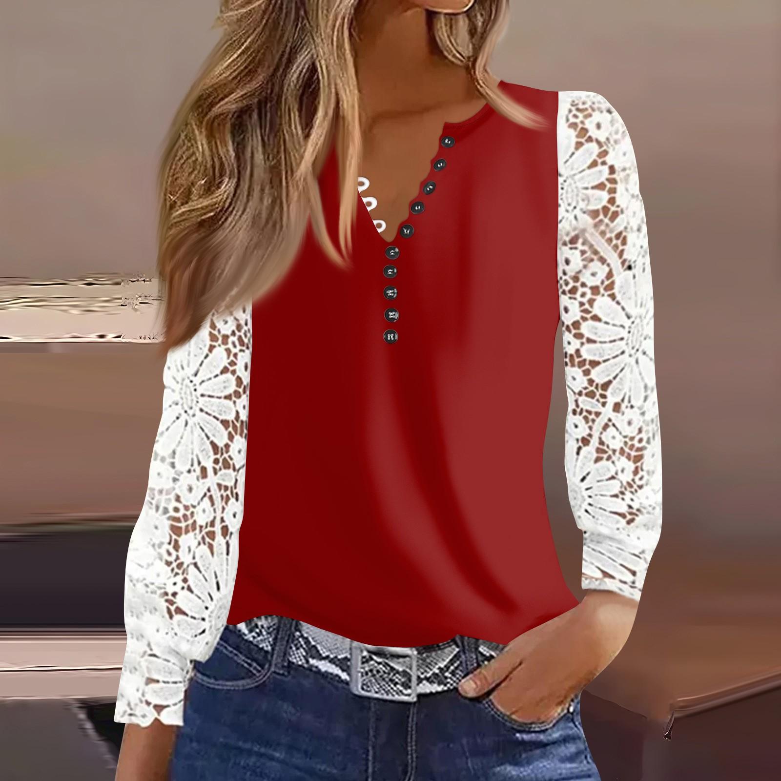 

Жіноча футболка, мереживна футболка на ґудзиках, щоденна мода на вихідні, звичайний топ із V-подібним вирізом і довгими рукавами S червоний
