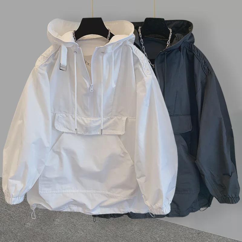 Trendy Unisex Patchwork Windbreaker: Stylish Loose Hooded Jacket for Couples