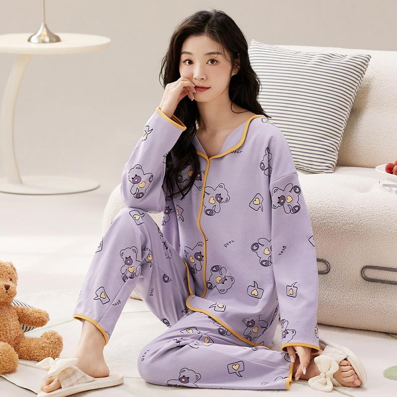 Bear Blue Flower Women Pajamas Set Long Sleeves Long Pants Autumn Winter Cute Kawaii Sleepwear Pyjamas Soft Pijamas Ladies Cozy