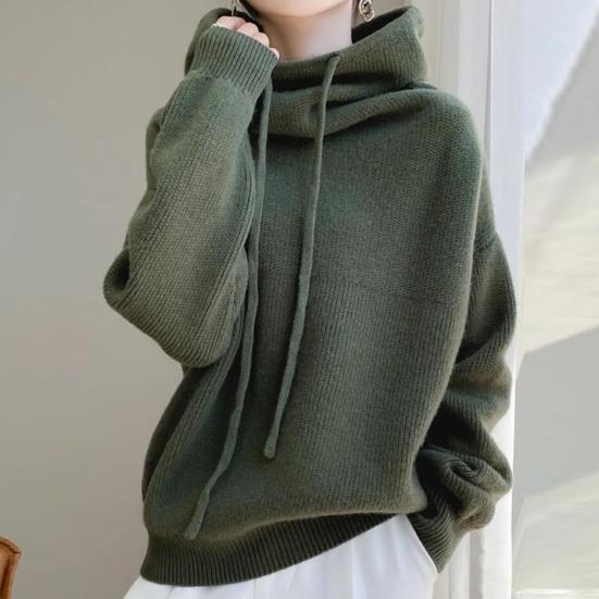 Maglione da Donna Collo Alto Pile Cappuccio con Coulisse Manica Lunga Lavorato a Maglia Top Tinta Unita Casual Vestibilità Ampia Maglieria