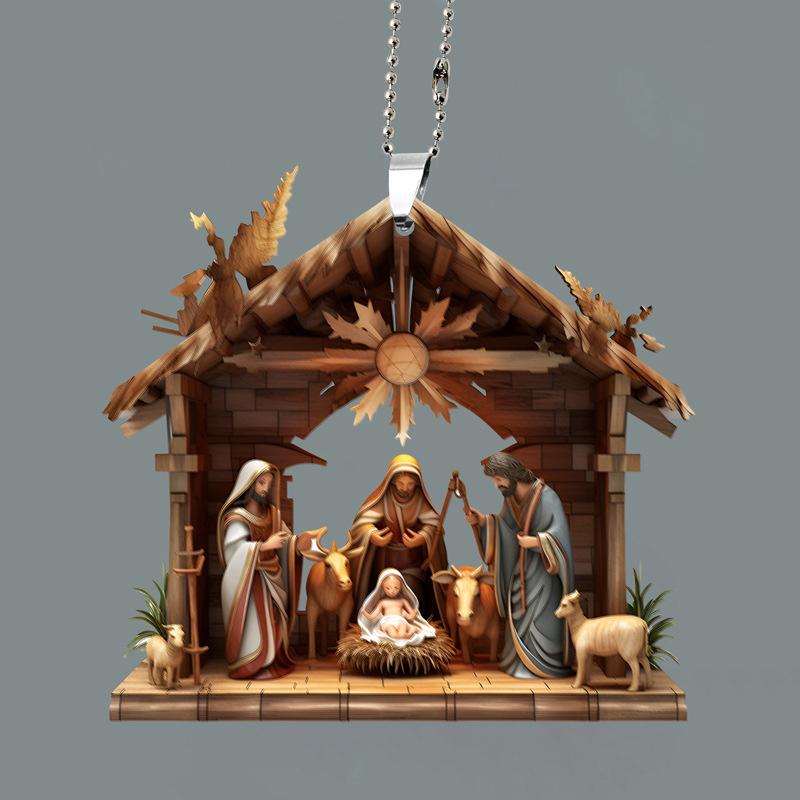 Christmas Tree Jesus Pendant Ornament Family Prayer Scene Pendant Bright Colored Car Decoration Pendant Home Decorations