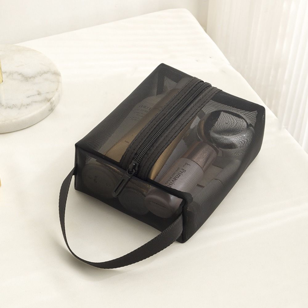 Casual Portable Mesh Makeup Bag Square Zipper Storage Toiletry Bag Large Capacity Lightweight Transparent Cosmetic Bag Bathroom