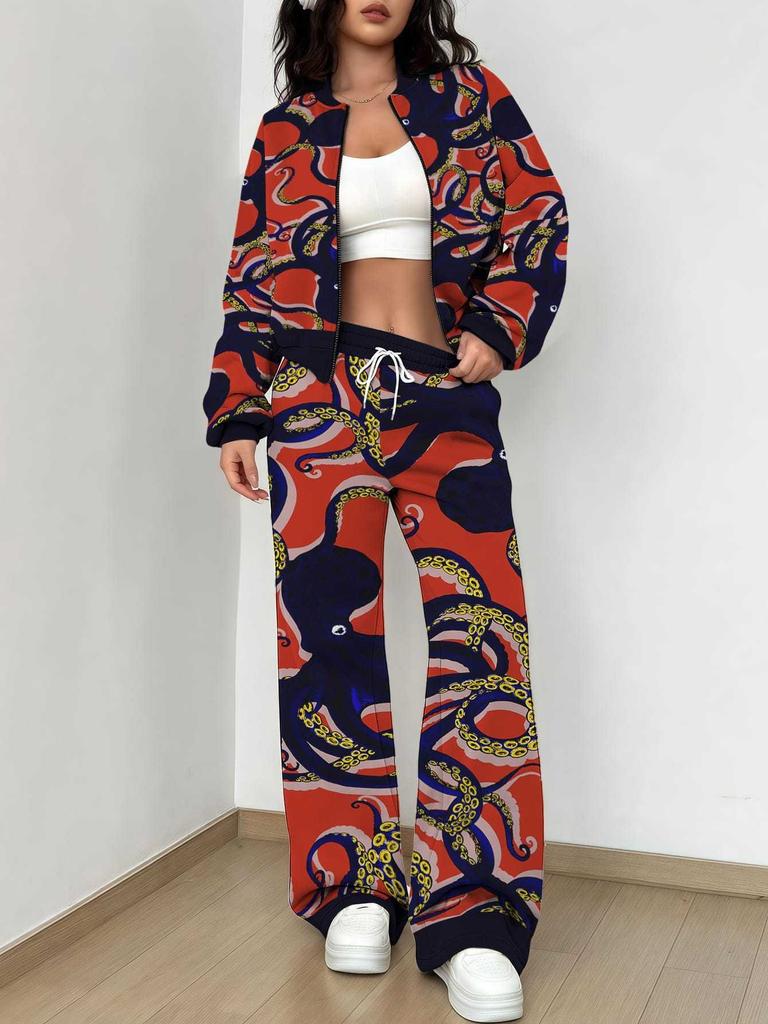 Splicing Autumn and Winter New European and American Fashion Sense Women's Clothing Floral Printing Suit Women
