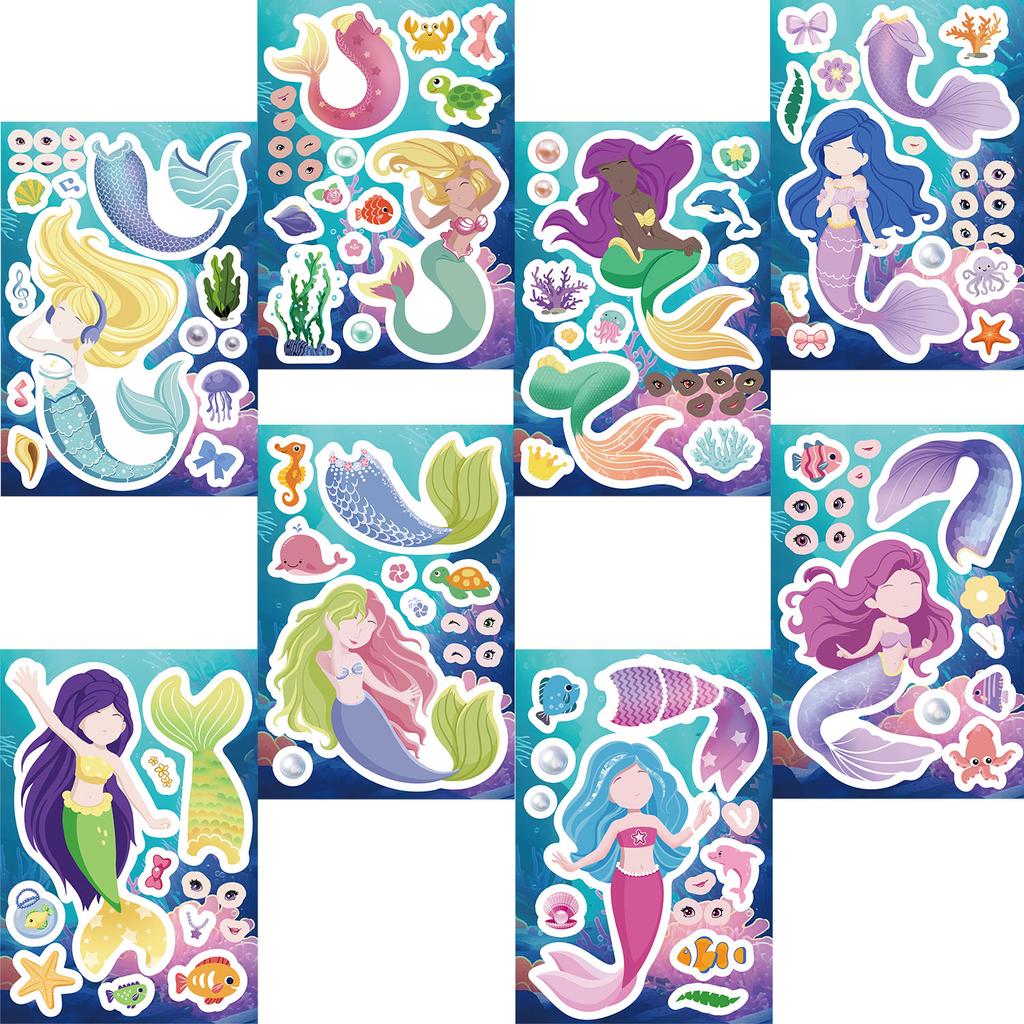 81624Pcs Cute Mermaid Princess Puzzle Stickers Make A Face Children Diy Toys Assemble Sticker Party Favor Gifts