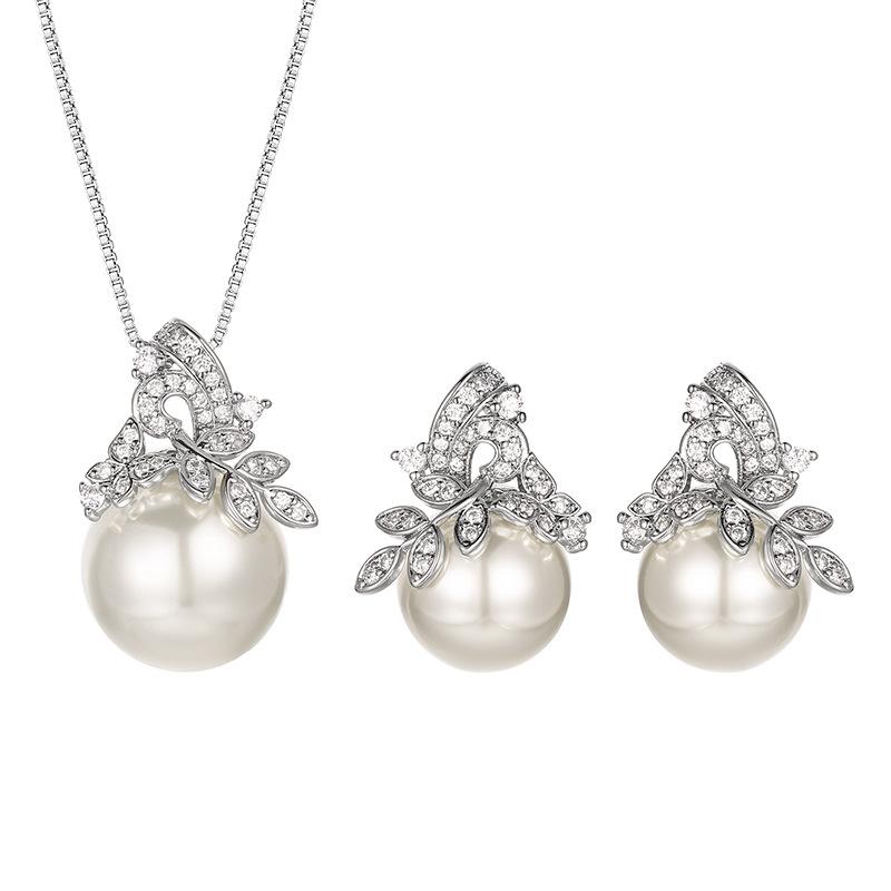 Pearl Set, Stud Earrings, Necklace, Flowery Female, Sweet, Versatile And Elegant