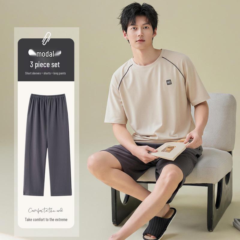 Men's Summer Modal Pajama Set: Cool-Touch, Short Sleeve Top & Long Pants, Casual Outdoor Loungewear.