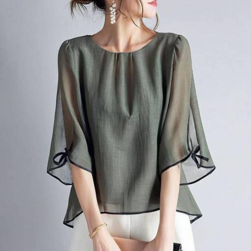 

Women s Japanese Style Bell Sleeve Tie-Up Top, Summer 2025 Collection Large зелений