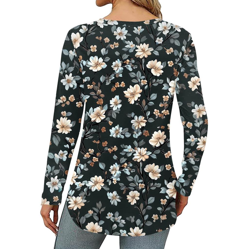 Women's Loose Round Neck Print Long Sleeve T-Shirt Top Pullover