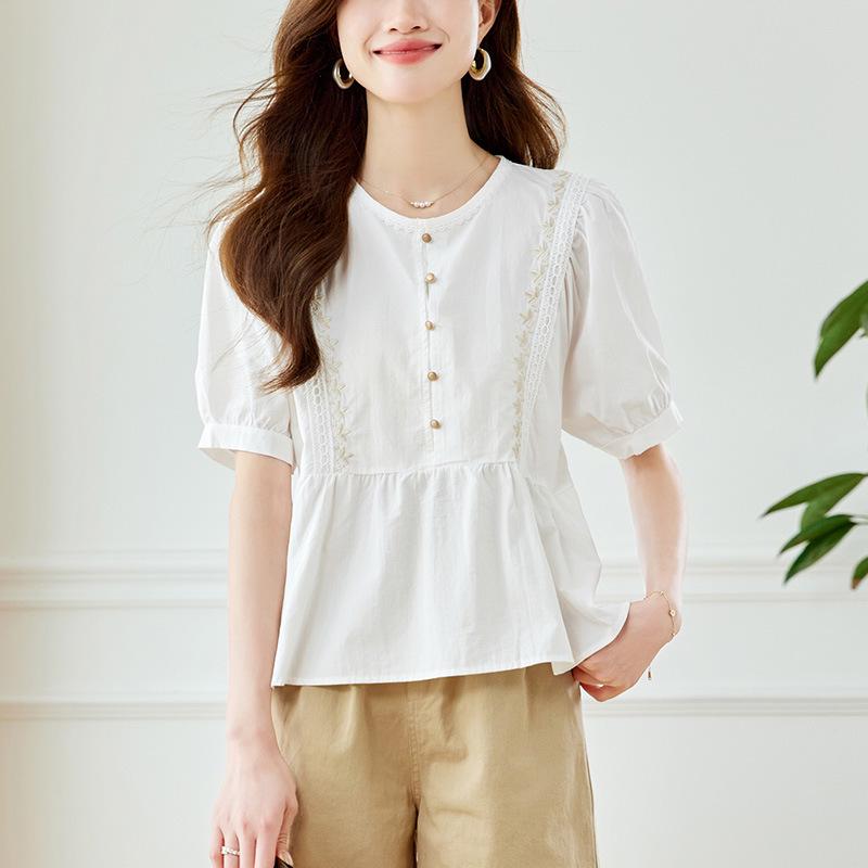 

2026 Summer Cotton Cocoon French Lace Trim Round Neck Embroidered Chic Top Double Extra Large білий