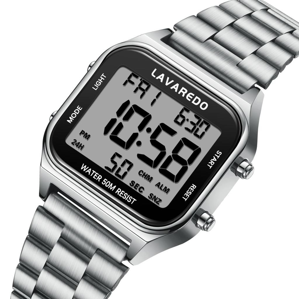 ShunkanSai Herren Armbanduhr aus Edelstahl, Wasserdicht, Digital mit Multifunktions-LED-Anzeige, Datum, Wochentag, Wecker, Timer und Anleitung