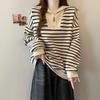 Women's Half-Zip Polo Collar Striped Sweatshirt - Autumn/Winter, Plus Velvet, Korean-Style, Versatile, Loose Fit, Retro Chic, Hong Kong Style.