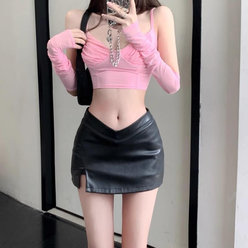 Women s High-Waist Silver Leather Midi Skirt - Autumn Slimming A-Line with Irregular Slit Small чёрный