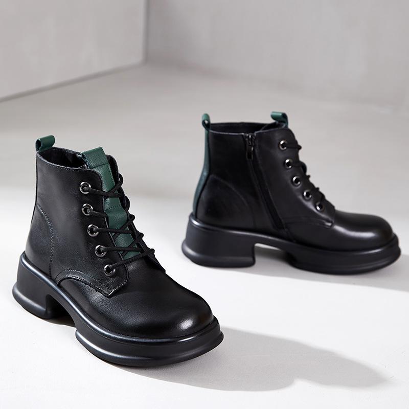 The First Layer of Cowhide Short Boots for Women In the Autumn and Winter of 2025, the New Velvet Thick-soled Casual Leather British Martin Boots F