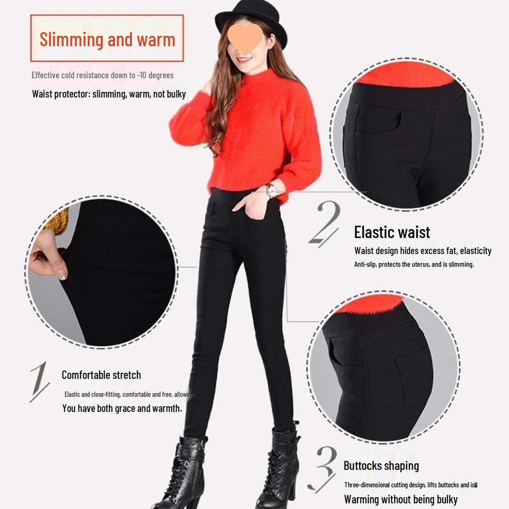 Plus Size Fleece-Lined High Waist Black Leggings for Women - Slimming, Elastic, Skinny Long Pants for Autumn/Winter