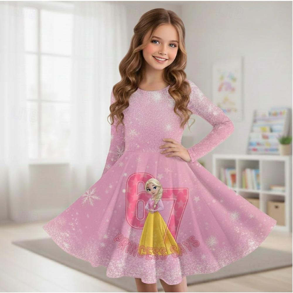 Girl Casual 3D Girl Print Round Neck Long Sleeve Dress Kid Princess Dress 80