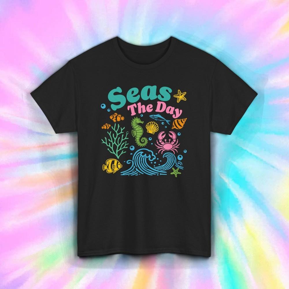 

Seas The Day Shirt Funny Beach Ocean Sea Life Coastal Summer Vibes Tee S-5XL M