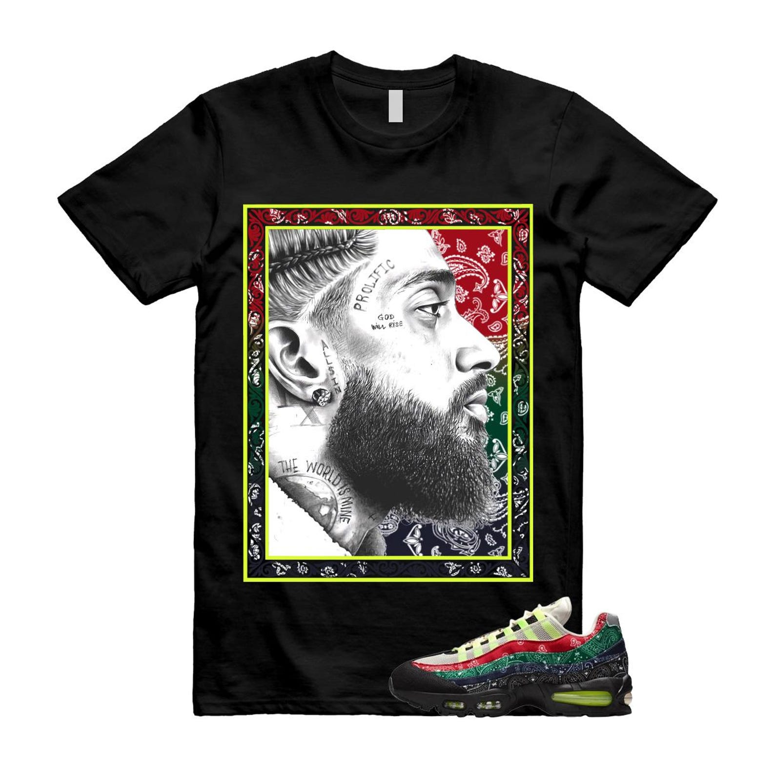 Air Max 95 Paisley Bandana Big Bubble Neon Volt Red Green Black Navy T Shirt Match NIP M