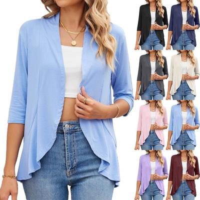 Casaco cardigan feminino de cor sólida com mangas três quartos franzidas para o verão de 2023