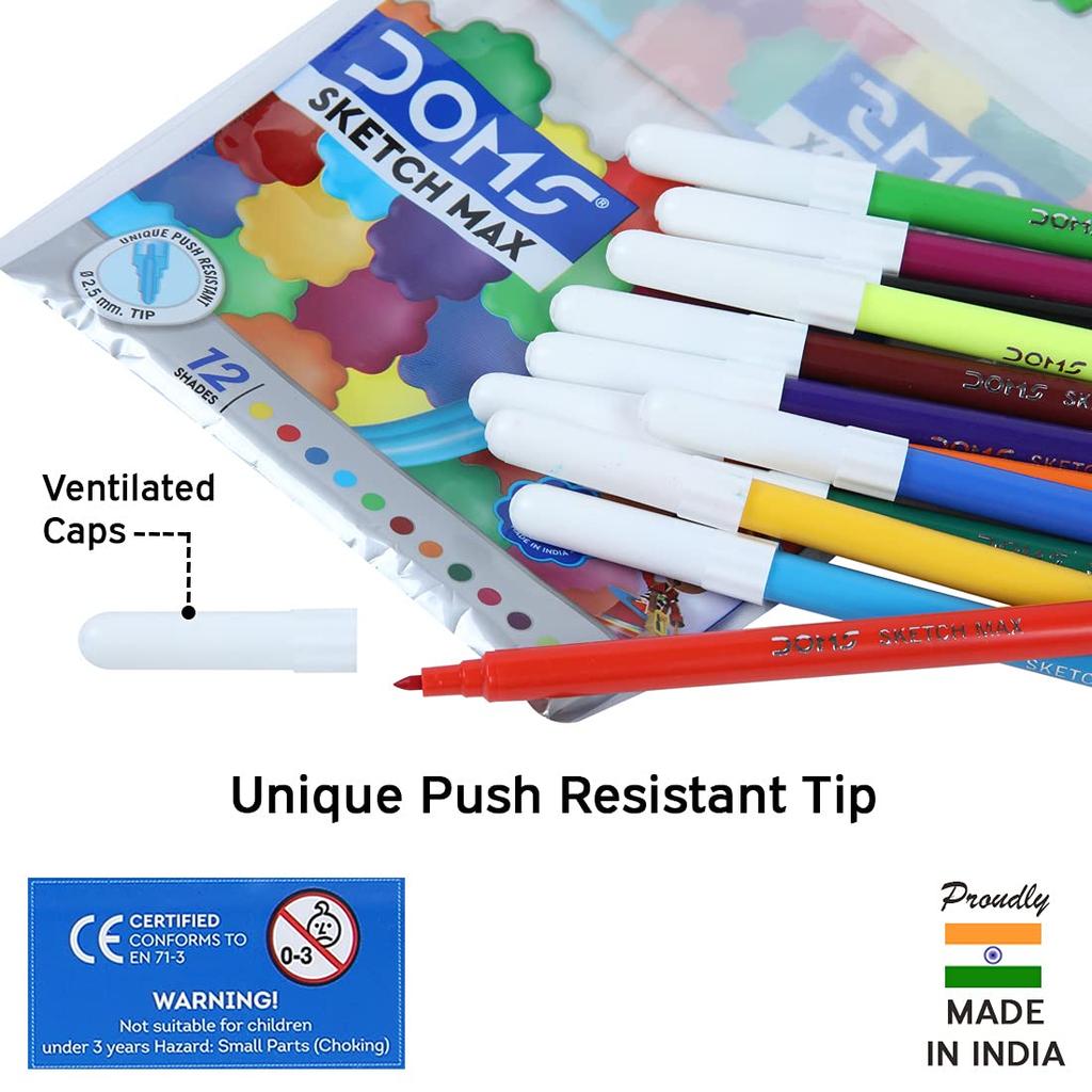 DOMS Sketch Max 12 Shades Non Toxic Water Colour Sketch Pens Pack of 1 for Kids Drawing and Colouring Set Art Kit