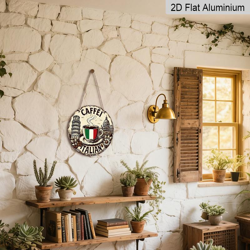 2D Flat, 1pc Caffe 7.87X7.87Round Aluminum Sign, Rome Landmarks Round Aluminum Sign, Italian Coffee Metal Tin Sign - European Style Rustic Metal Wall