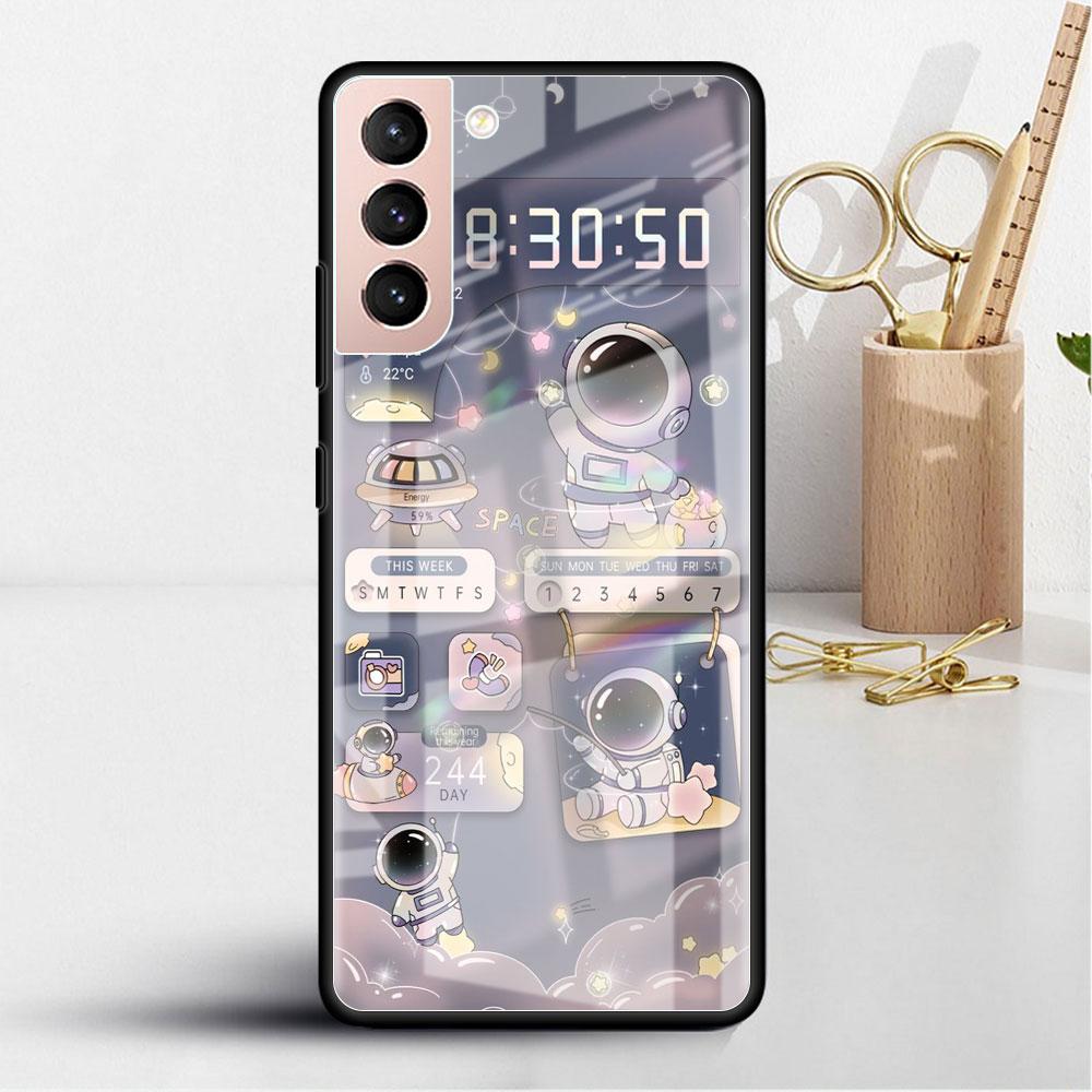Glass Case For Samsung Galaxy S22 S20 FE S21 5G S10 S9 Plus Note 10 20 Lite Tempered Phone Cover Astronaut Cartoon