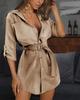 Women V-neck Cotton Linen Shirt Dress Short Sleeve Casual Loose Belted Button Dress